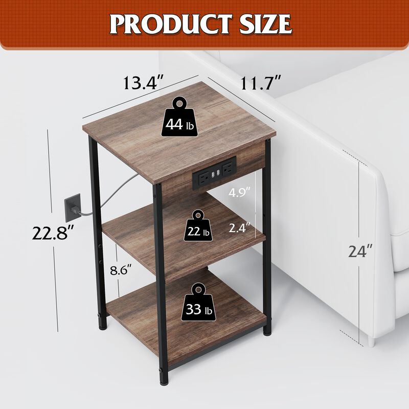WLIVE Side Table with Charging Station and USB Ports, Small End Tables for Small Spaces, 3-Tier Nightstand with Adjustable Shelf