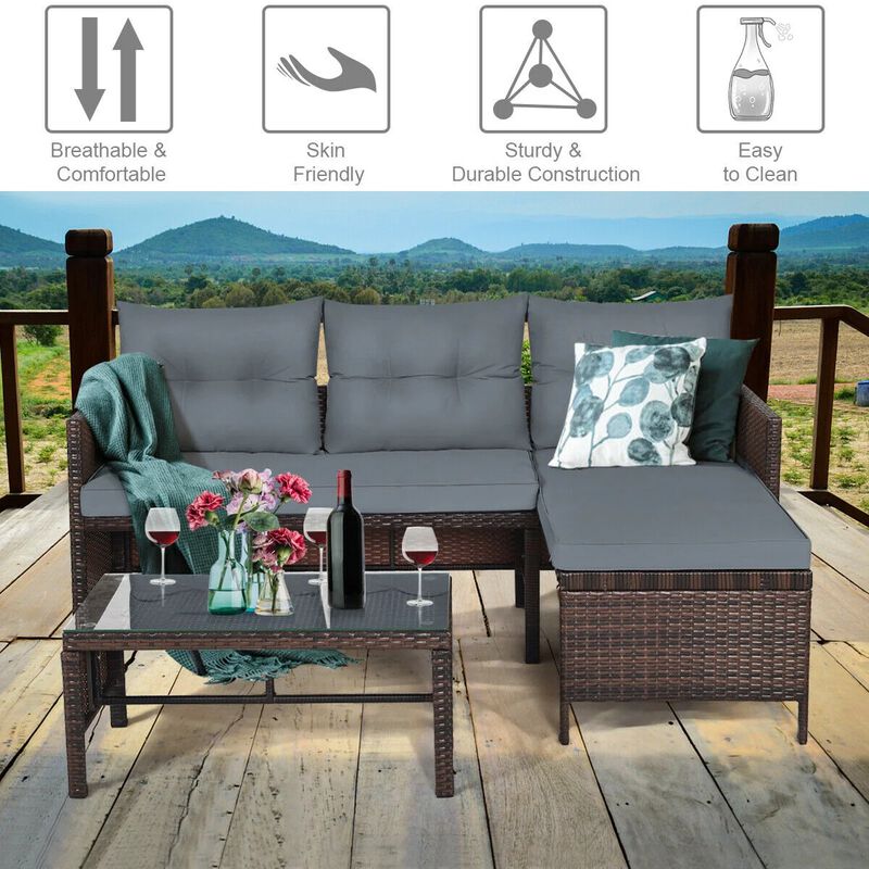 Mondawe 3 Pieces Outdoor Patio Corner Rattan Sofa Set