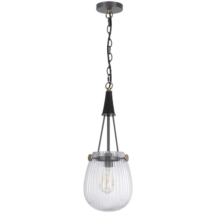 Cora 8 Inch Pendant Light w Gray Gold Chain, Fluted Raindrop Glass - Benzara