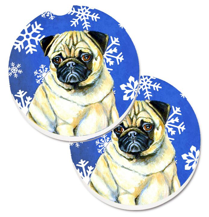 Caroline's Treasures Pug Winter Snowflakes Holiday Set of 2 Cup Holder Car Coasters LH9297CARC, 2.56, Multicolor