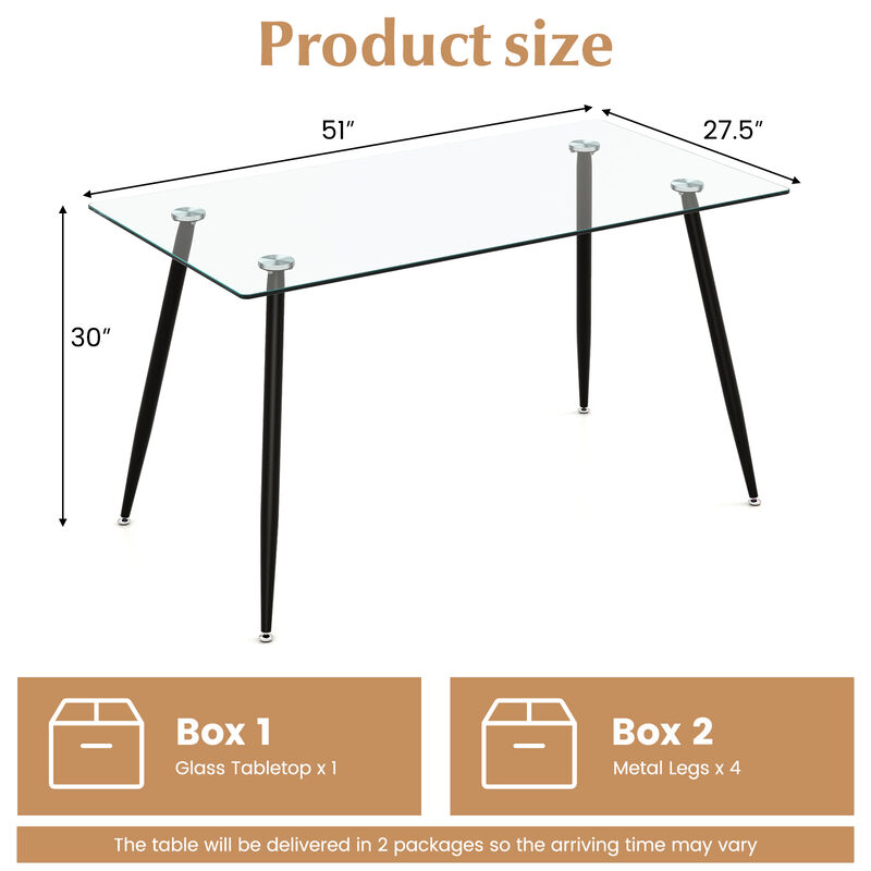 Modern Rectangular Dining Table &ndash; Glass Top with Metal Base for Kitchen or Dining Room