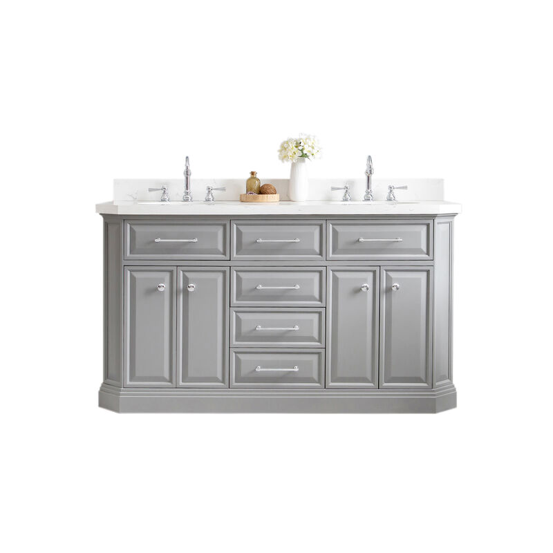 Palace 60 In. Double Sink Carrara Quartz Countertop Bath Vanity in Cashmere Grey with Chrome Hardware and Hook Faucets image number 0