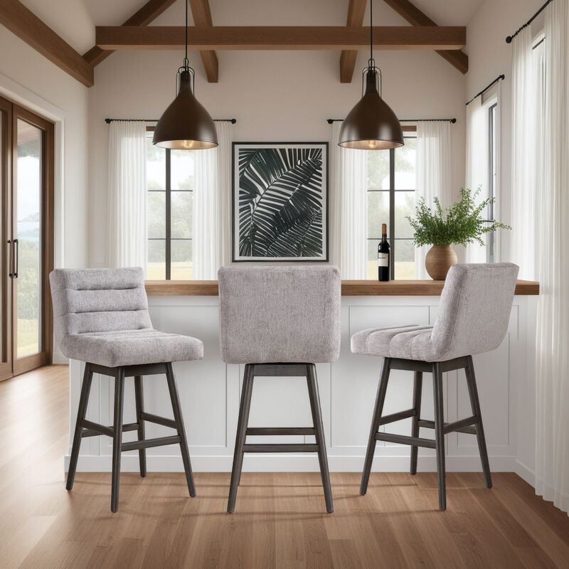 Elias Gray Solid Wood Upholstered 30" Bar Height Swivel Barstool with Gray Fabric Seat