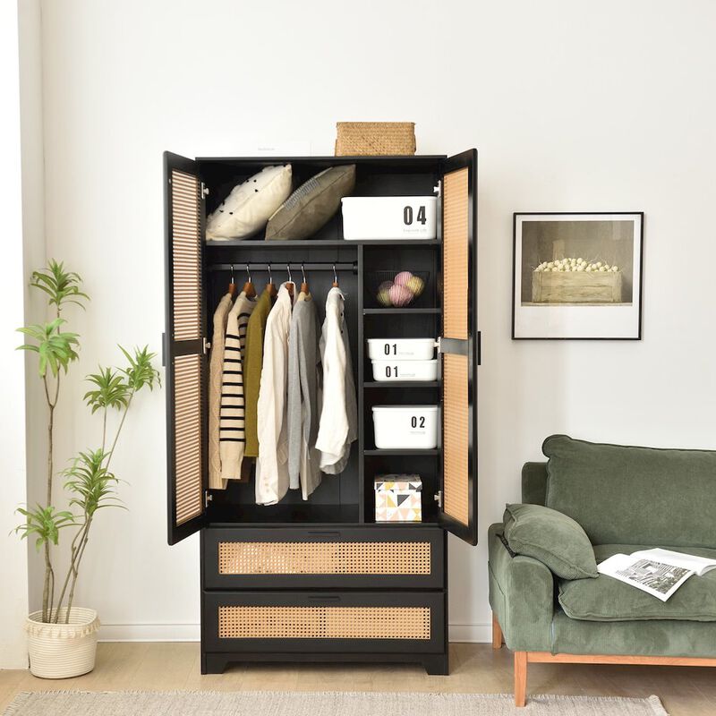Solid Pine Wood Rattan Closet with 2 Drawers in Black Color