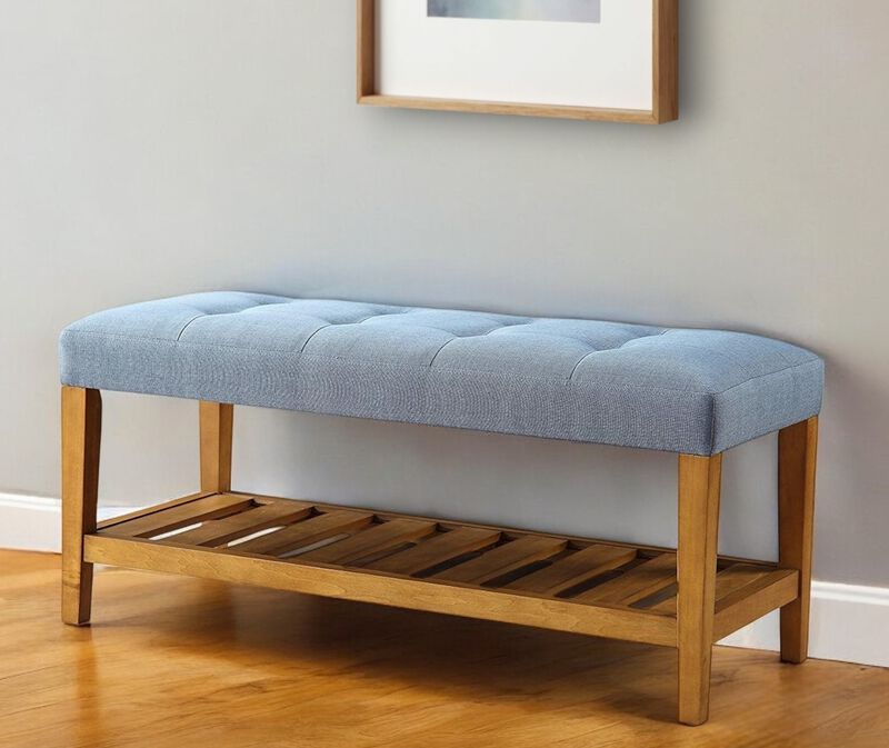 Upholstered Polyester Bench with Open Shelves for Entryway or Bedroom Storage