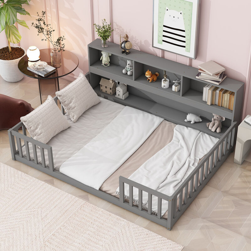 Whisen Full Floor Bed with Protective Fence, Side Bookshelf, and Built-in Shelves for Kids Room