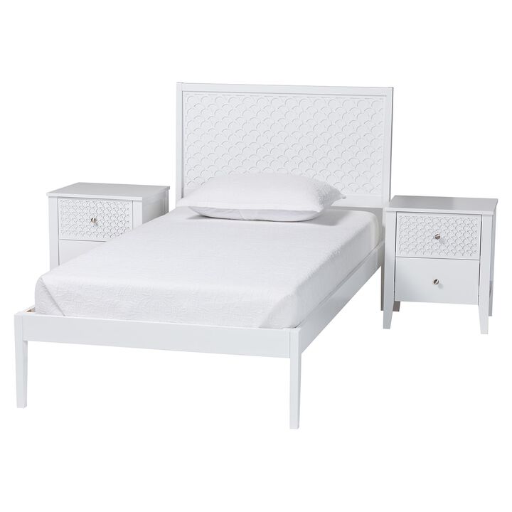 Baxton Studio Lara Twin 3-Piece Bedroom Set - Modern Wood Bed Frame with Matching Nightstands, Decorative Laser-Cut Headboard Overlay