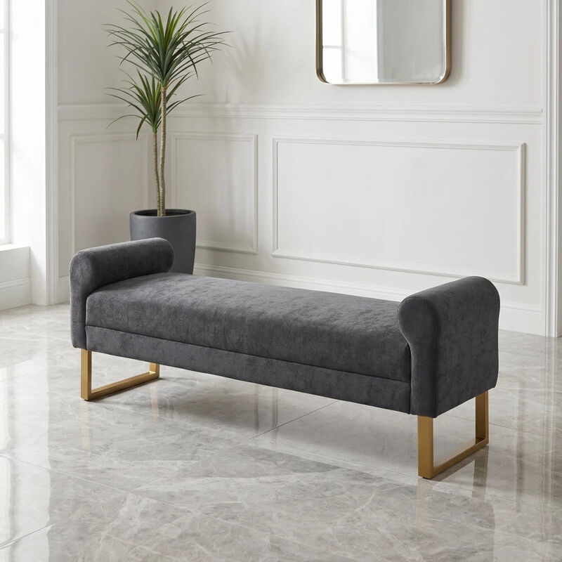 Envelor 65 in. Chenille Upholstered Ottoman Bench with Arms and Gold Legs image number 5