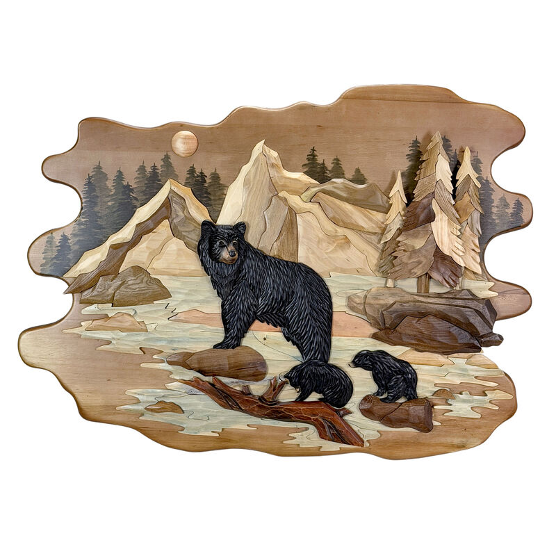 Bear Family River 25.5x34 Intarsia Wood Wall Sculpture Rustic Cabin Art image number 0
