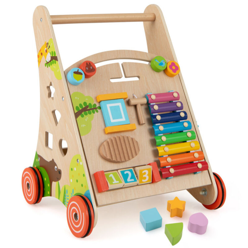 Toddler Push Walker with Handle and Storage Bin – Wooden Baby Learning Cart