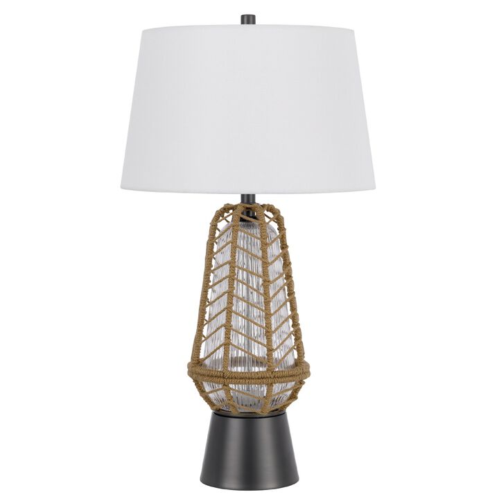 Lantern Table Lamp with Night Light, Burlap Wrapped Glass Body, Gray Metal