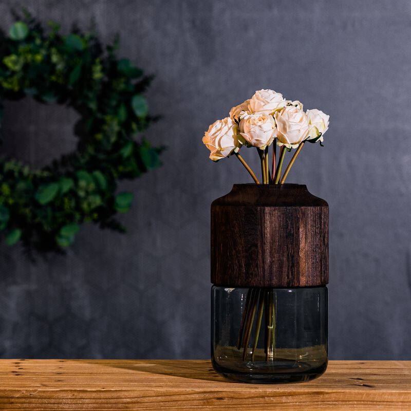 Decorative Glass and Wood Container for Shelves and Countertops