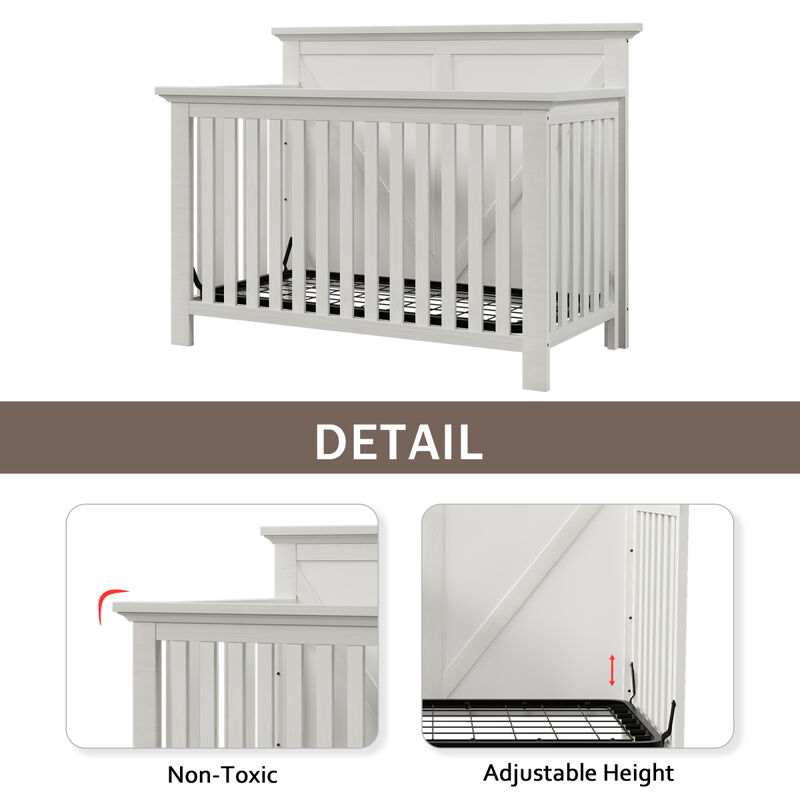 Rustic Farmhouse Style 4-in-1 Convertible Baby Crib - Converts to Toddler Bed, Daybed and Full-Size Bed, White