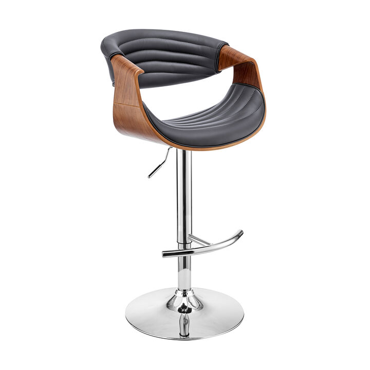 Gionni Adjustable Swivel Grey Faux Leather and Walnut Wood Stool with Chrome Base