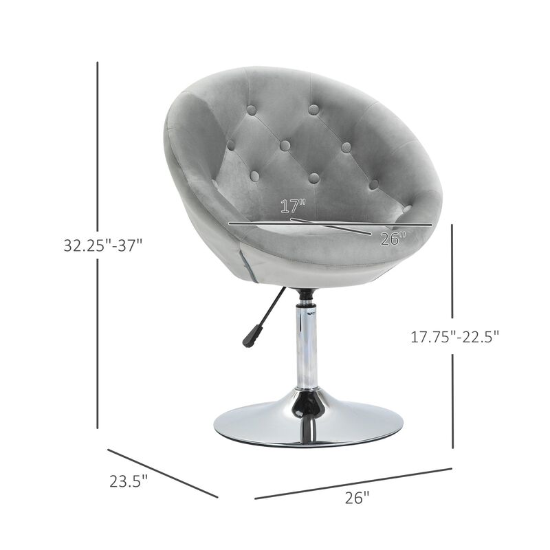 Modern Makeup Vanity Chair Round Tufted Swivel Accent Chair with Chrome Frame Height Adjustable for Living Room, Bedroom, Grey