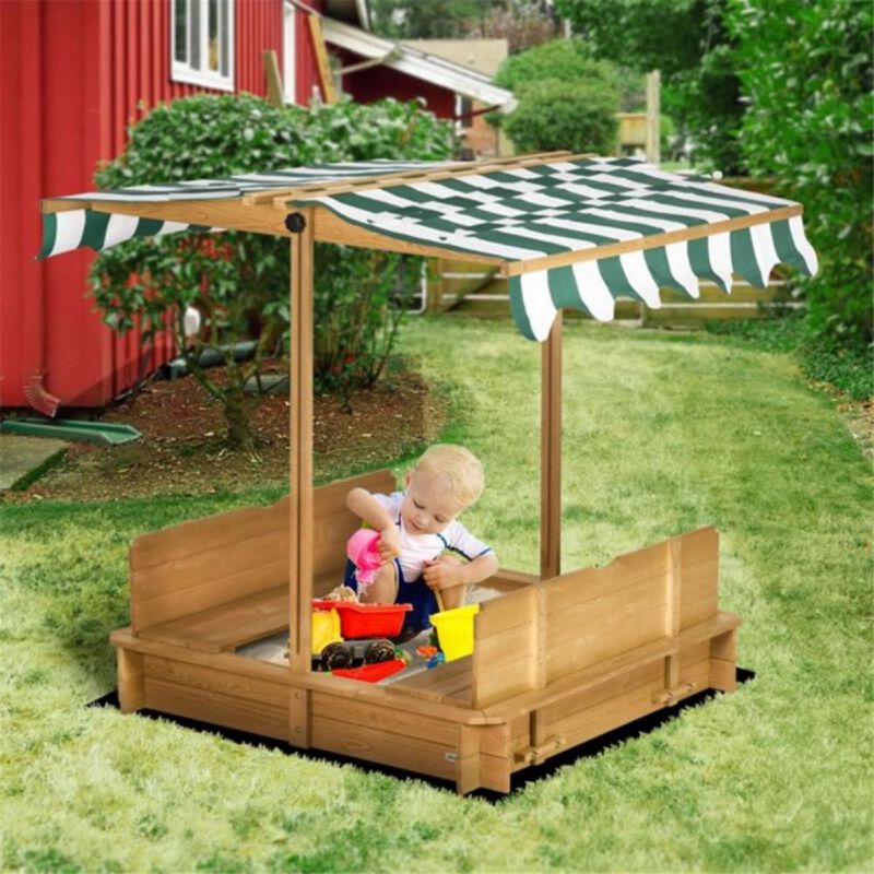 Kids Sandbox with Cover Outdoor Sand Play Pit with Bench Seats