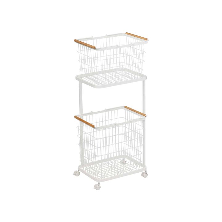 Rolling Laundry Cart + Wire Baskets (38" H)  - Steel + Wood