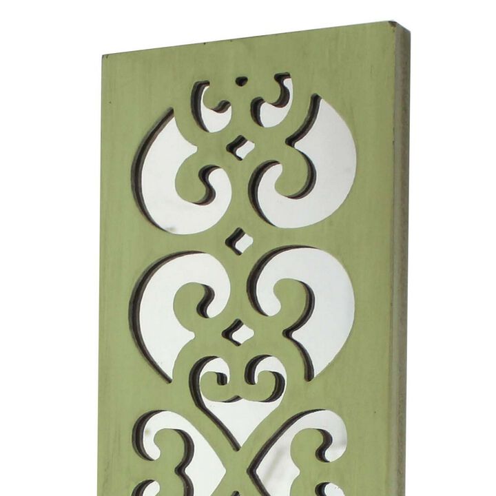 Quatrefoil Pattern Wooden Candle holder with Mirror Insert, Green - Benzara