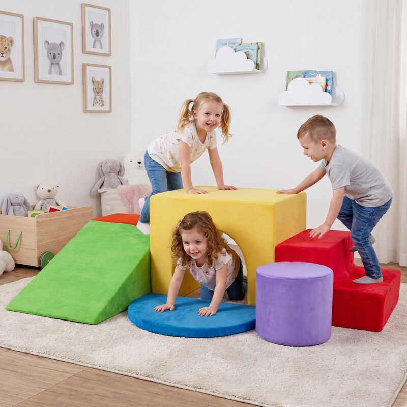 6 Piece Toddler Foam Climbing Set with Slide, Tunnel and Play Blocks image number 1
