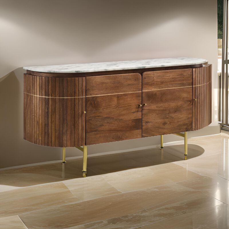 Evi 63 Inch Dining Sideboard Server, White Curved Marble Top, Brown, Brass image number 5