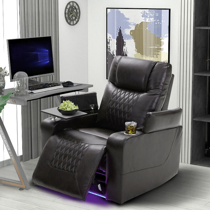 Power Motion Recliner with USB Charging Port and Hidden Arm Storage 2 Convenient Cup Holders and 360° Swivel Tray Table