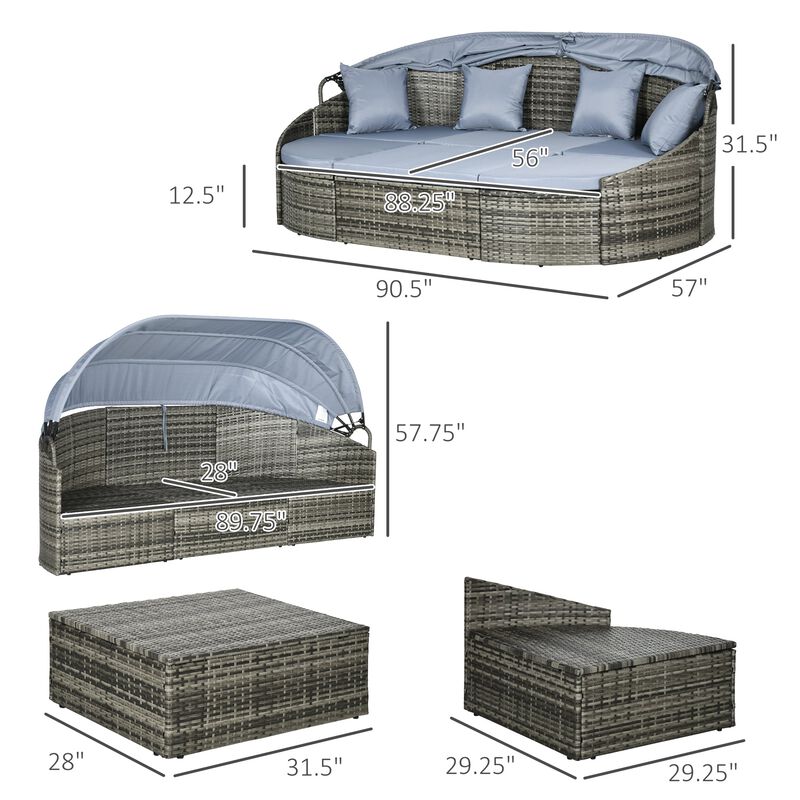 Light Grey Outdoor Lounge: Rattan Daybed with Canopy & Sectional Design