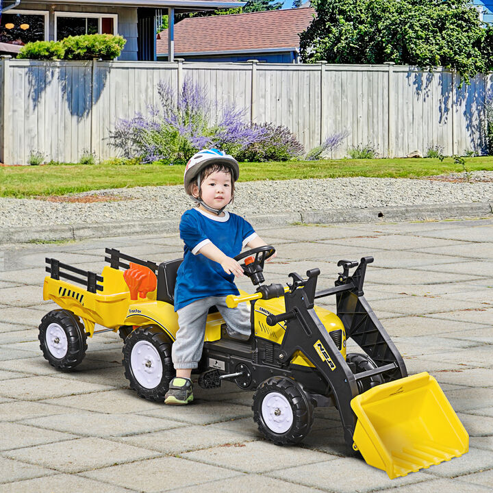 BreeBe Ride-On Kids Bulldozer/Excavator Toy with Real Working Dirt Bucket, Easy Pedal Controls, 6 Wheels, & Cargo Trailer