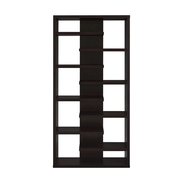 Expressive Wooden Bookcase with Center Back Panel, Brown-Benzara