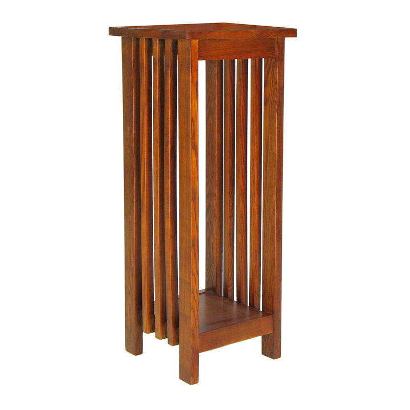30 Inch Wooden Flower Stand with Bottom Shelf and Slatted Sides, Brown