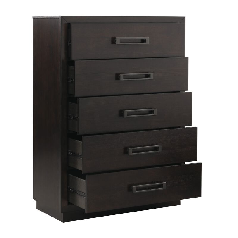 Tey Tall Dresser Chest, 5 Drawers w Metal Handles, Gray Ash Veneer - Benzara