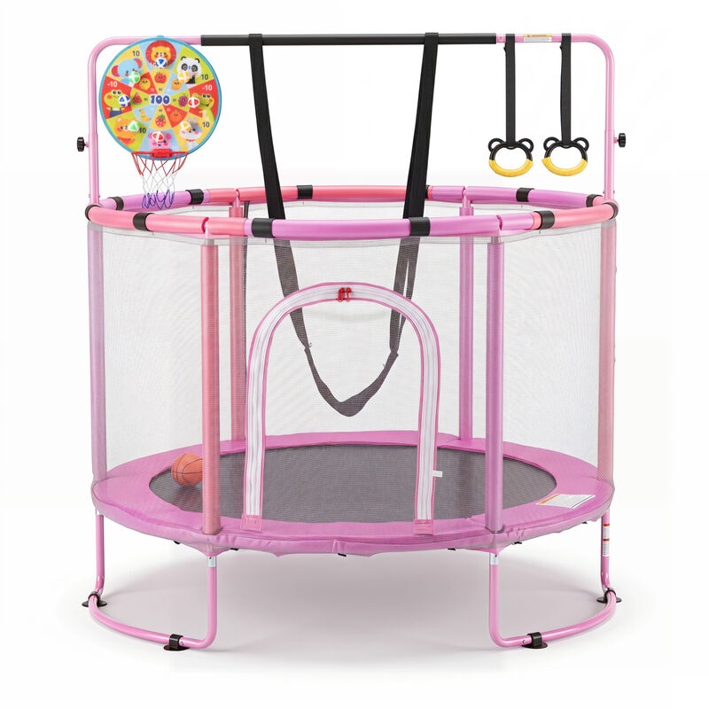 Kids Trampoline with Gymnastics Bar Adjustable Height and Basketball Hoop Ages 3 Plus image number 0