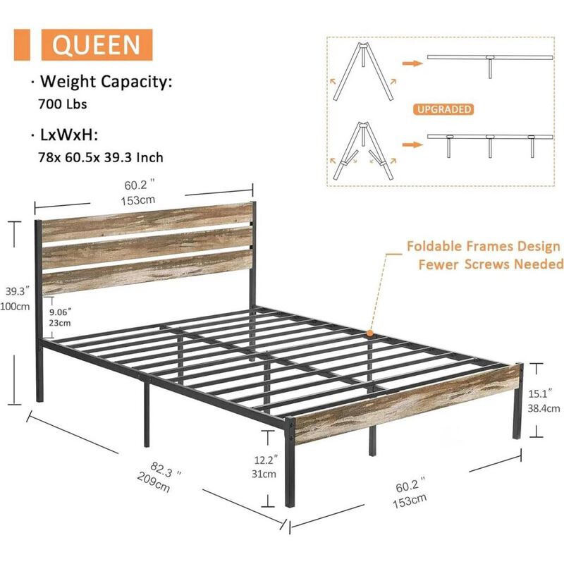 Hivvago Queen Industrial Farmhouse Rustic Wood Metal Platform Bed Frame with Headboard