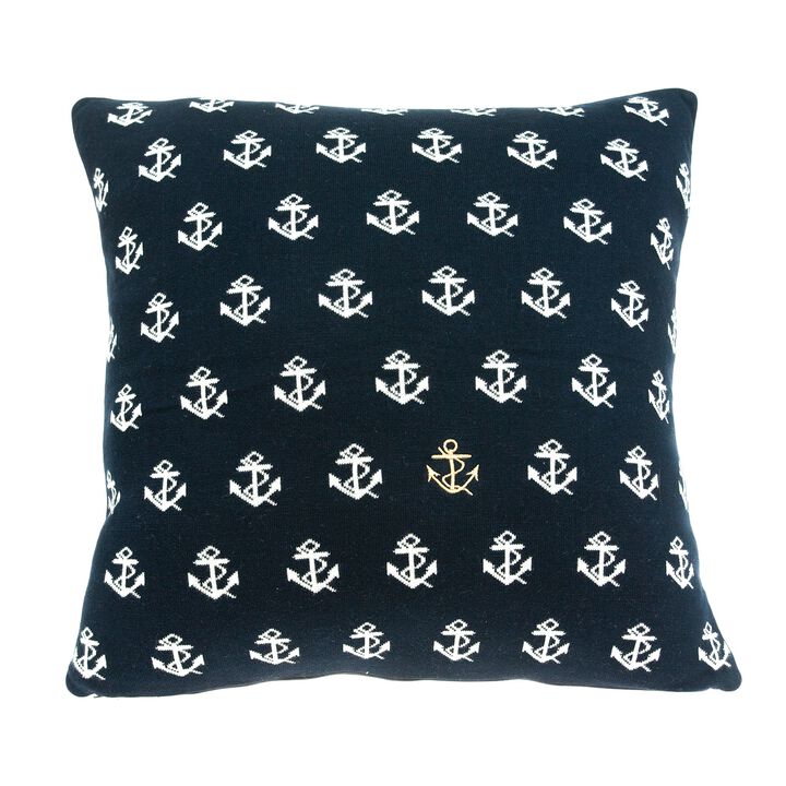 20” Blue and White Anchor Nautical Knitted Square Throw Pillow