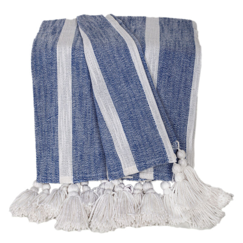 HomeRoots 50" X 60" Blue and White Woven Cotton Striped Throw Blanket with Tassels image number 0