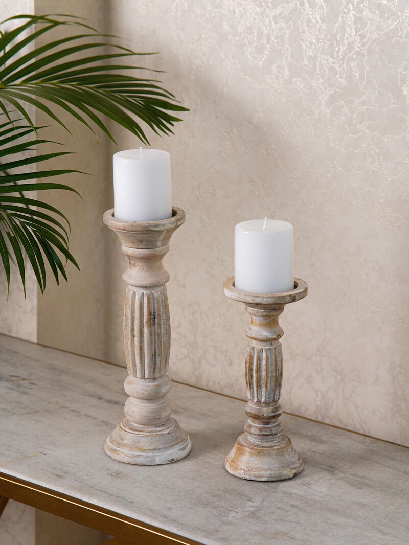Traditional Antique White Eco-friendly Handmade Mango Wood Set Of Two 6" & 9" Pillar Candle Holder