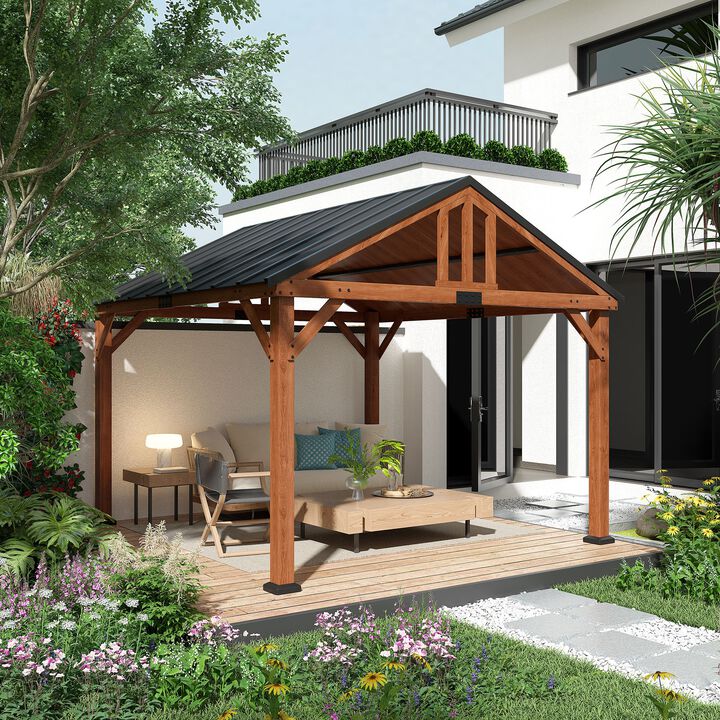 12' x 11' Hardtop Gazebo with Wooden Frame and Waterproof Asphalt Roof, Gazebo Canopy, for Garden, Patio, Backyard, Deck, Porch, Brown