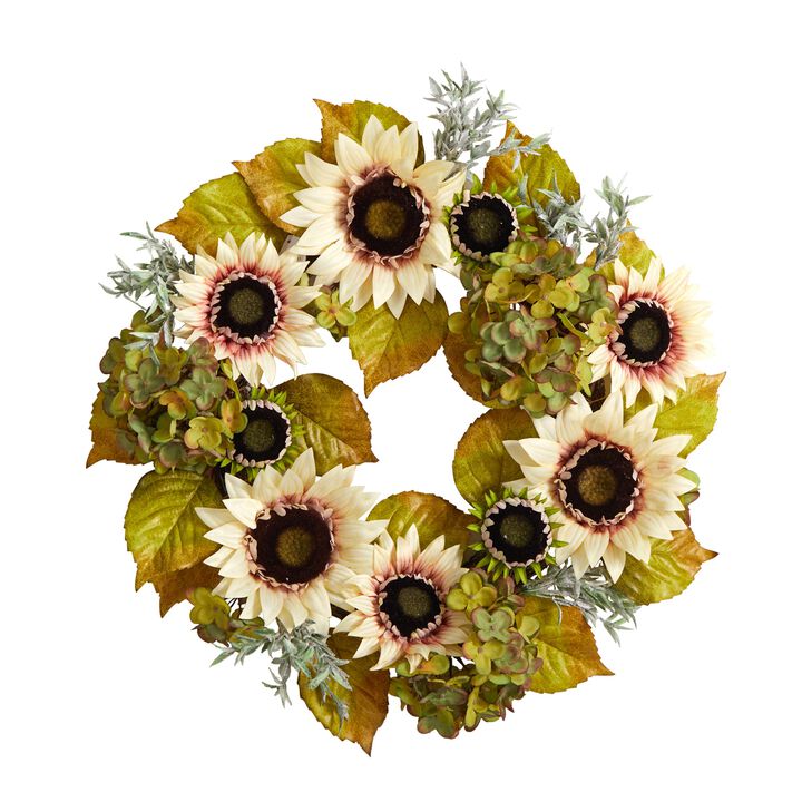 HomPlanti 24" White Sunflower and Hydrangea Artificial Autumn Wreath