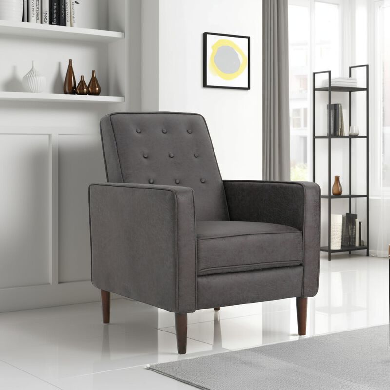 Dupe Manual Recliner Chair, Button Tufted Dark Gray Plush Fabric - Benzara