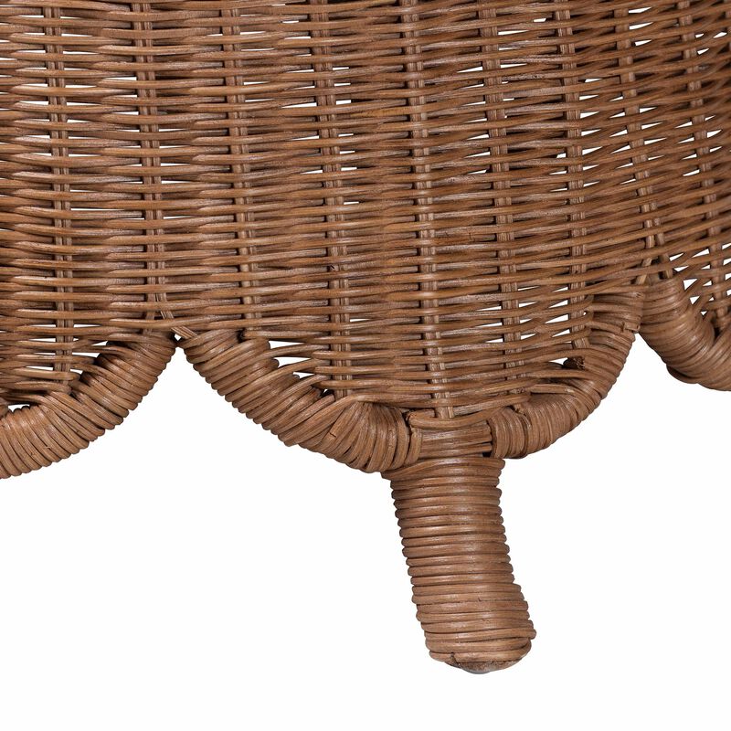bali & pari Detta Natural Rattan Footstool with Cushion - Handwoven Wicker Ottoman with Scalloped Skirt Base for Coastal Lounge or Sunroom Seating