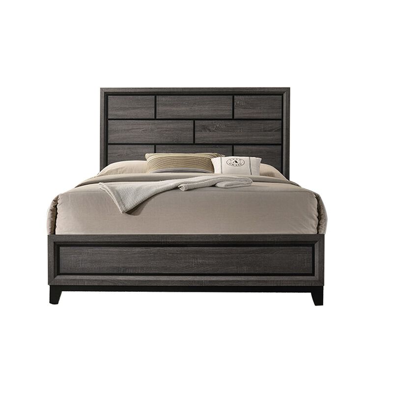 Mazie King Bed, Brick Style Headboard, Black Tapered Legs, Oak Gray Wood - Benzara
