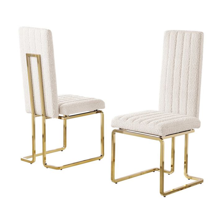 Best Quality Furniture Cream Boucle Fabric Gold Chrome Base Tall Back Rest Dining Chairs (Set Of 2)