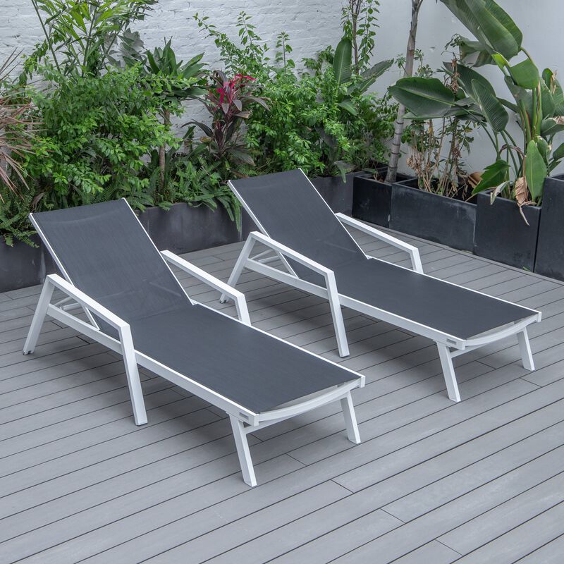 LeisureMod Marlin Adjustable Patio Chaise Lounge Chair with Armrests &ndash; White Aluminum Set of 2