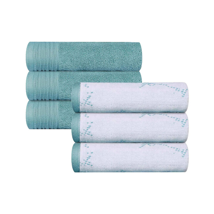 6 Piece Cotton Hand Towel Set with Marble Jacquard and Solid Designs