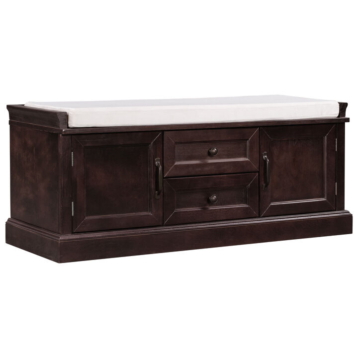 Storage Bench With 2 Drawers And 2 Cabinets, Shoe Bench With Removable Cushion For Living Room
