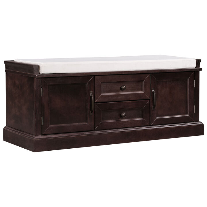 Storage Bench with 2 Drawers and 2 Cabinets, Shoe Bench with Removable Cushion for Living Room, Entryway (Espresso)