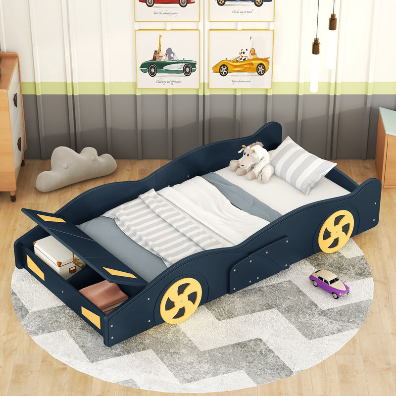 Whisen Twin Size Race Car-Shaped Platform Bed with Wheels and Storage - Black & Yellow