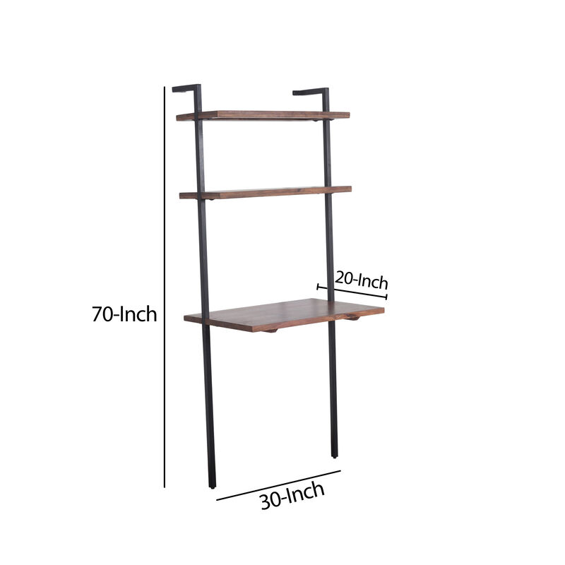 Industrial 3 Tier Mango Wood Ladder Storage Wall Shelf with Tubular Frame, Brown and Black - Benzara