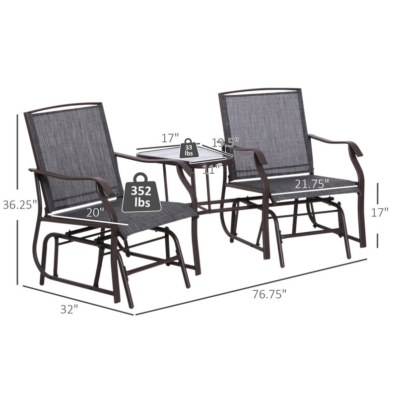Outsunny Outdoor Glider Chairs with Coffee Table, Patio 2-Seat Rocking Chair Swing Loveseat with Breathable Sling for Backyard, Garden, and Porch, Gray