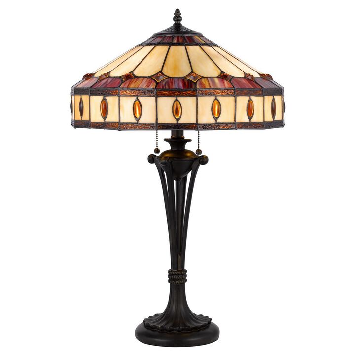 Xia 26 Inch Tiffany Style Vintage Table Lamp, Glass Shade, Antique Bronze-Benzara