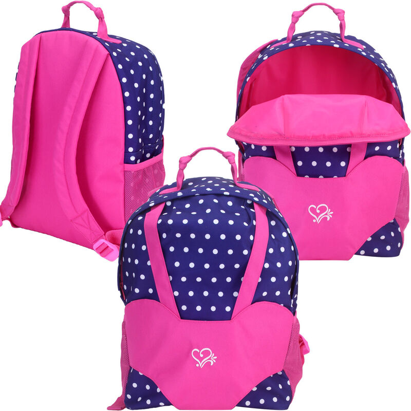 White Polka Dot Backpack Carrier for 15'' and 18'' Dolls, Navy/Hot Pink image number 4